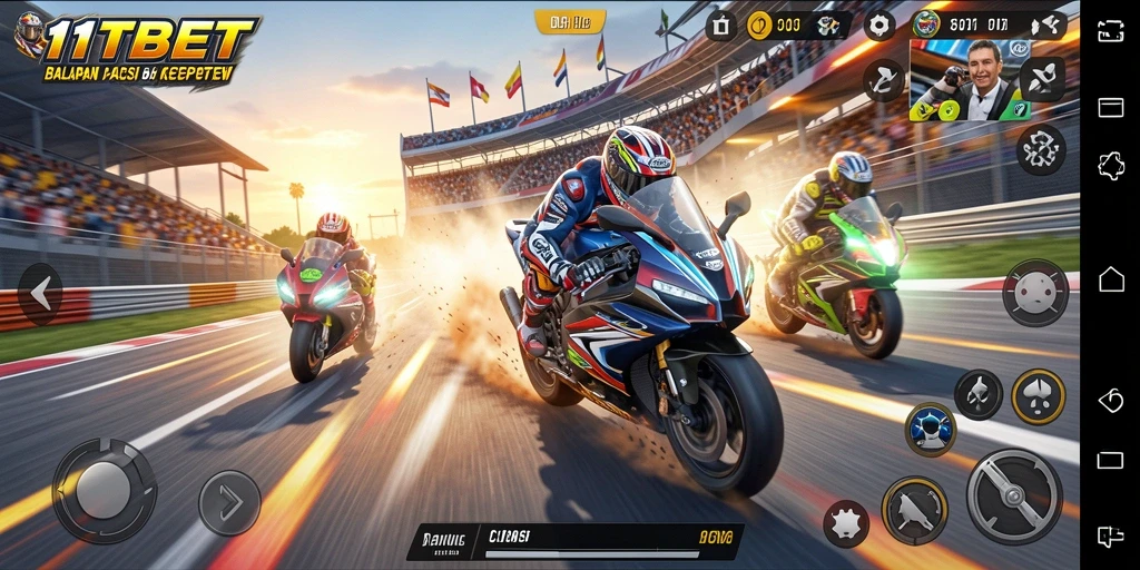 Screenshot gameplay 11TBET yang menunjukkan aksi balapan motor yang mendebarkan.
