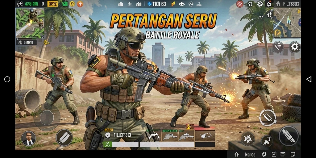 Screenshot gameplay FILTER303 menampilkan aksi intens dalam pertempuran Battle Royale.