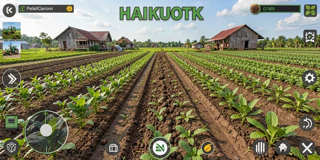Tampilan gameplay HAIKUOTK menampilkan kebun yang subur dan aktivitas bertani yang seru.