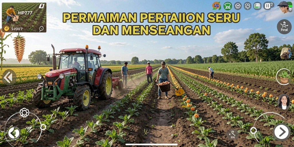 Gameplay HP777 menunjukkan aktivitas pertanian dengan tanaman hijau subur.