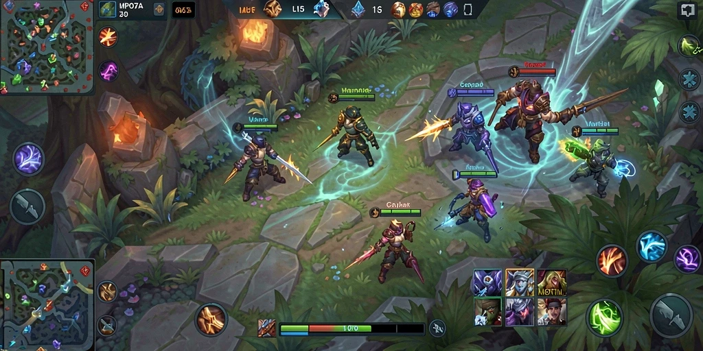 Screenshot MPO76 menampilkan aksi seru dalam pertarungan tim MOBA.